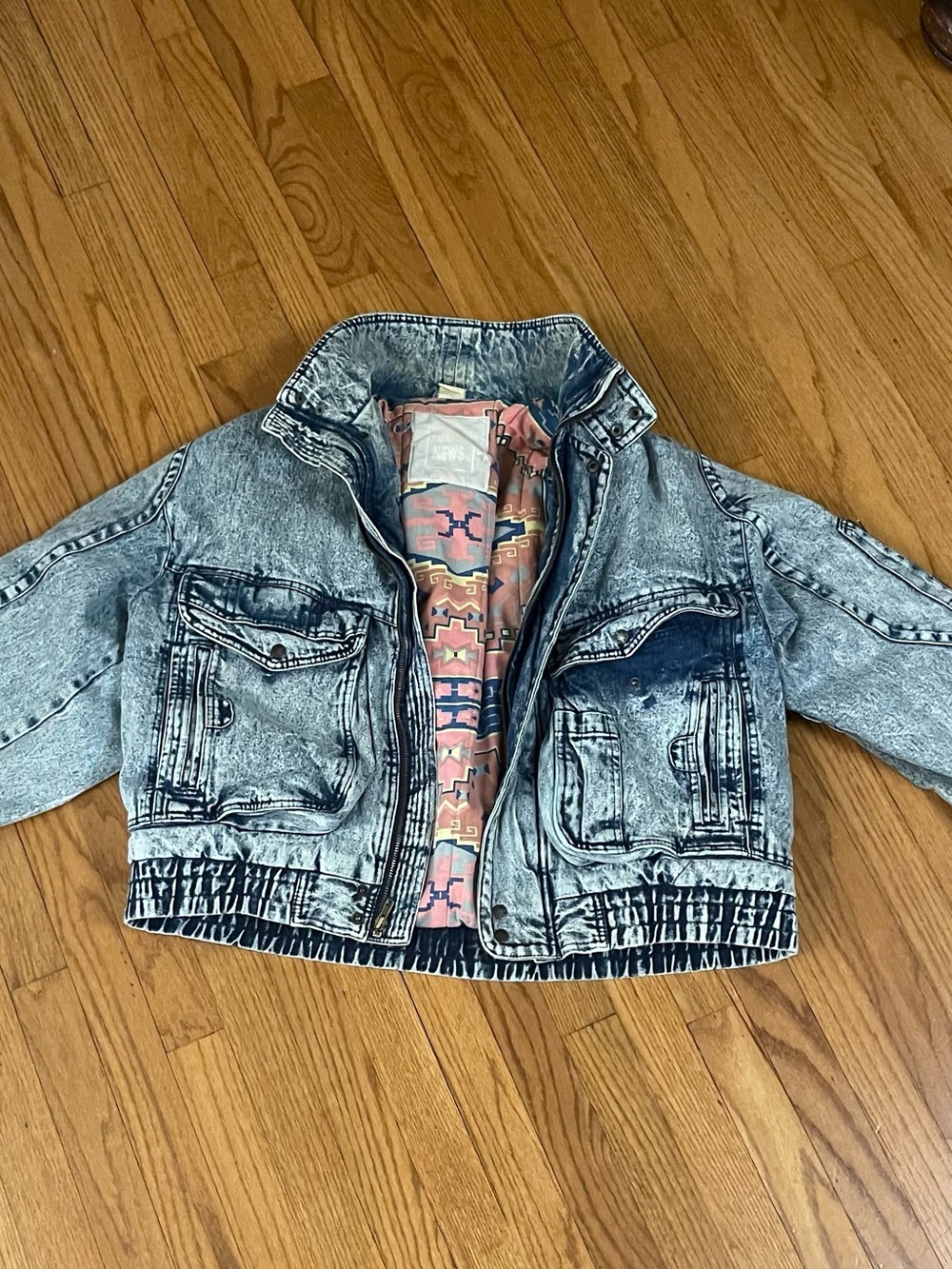 Vintage 80s Todays News Mens Bomber Jean Denim Acid Wash Jacket L Aztec Navajo
